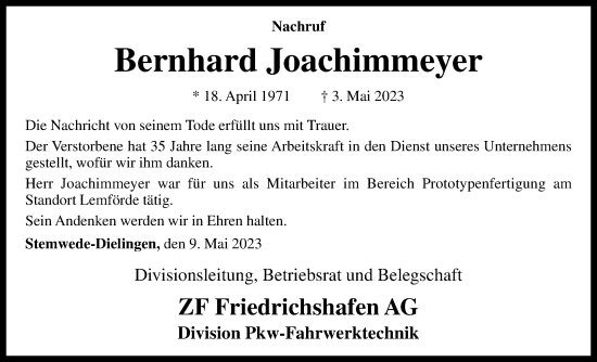 Anzeige von Bernhard Joachimmeyer von OM-Medien