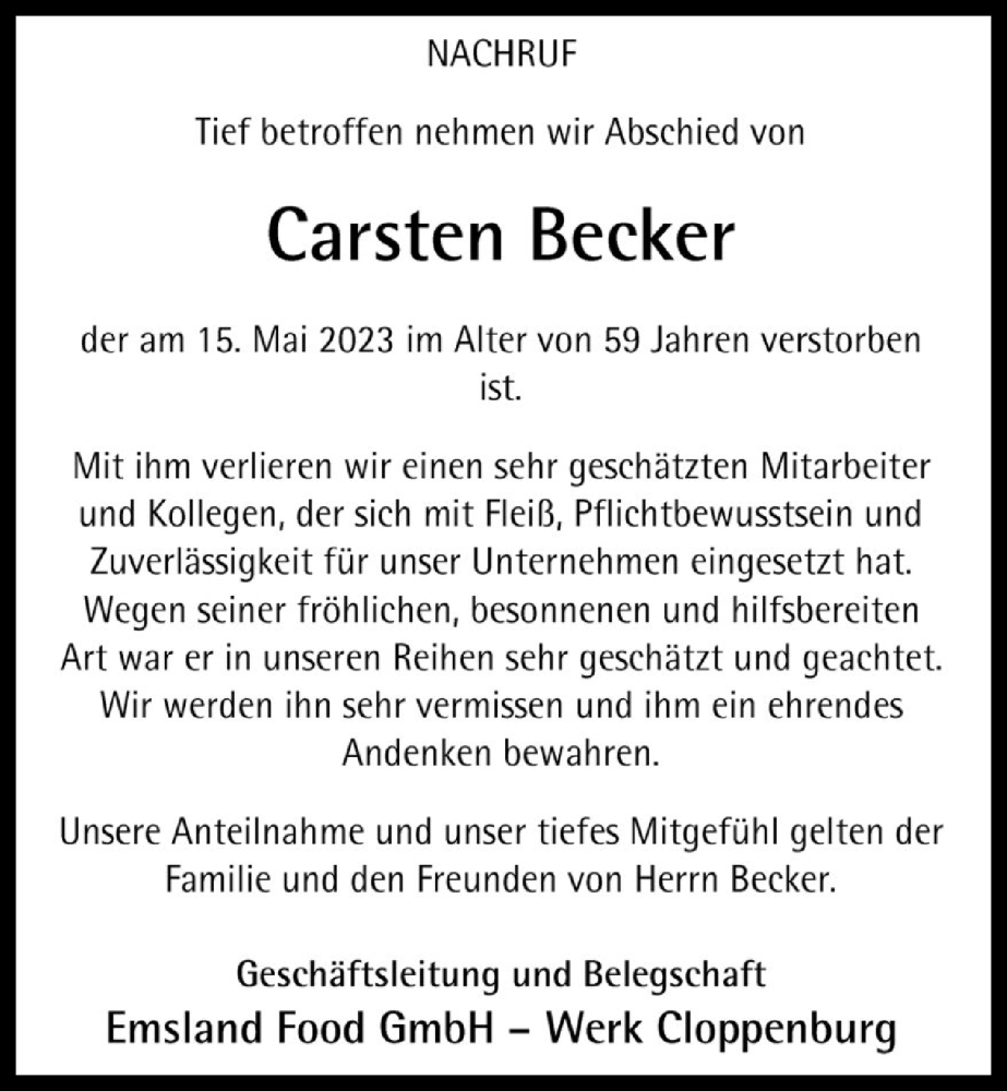  Traueranzeige für Carsten Becker vom 20.05.2023 aus OM-Medien