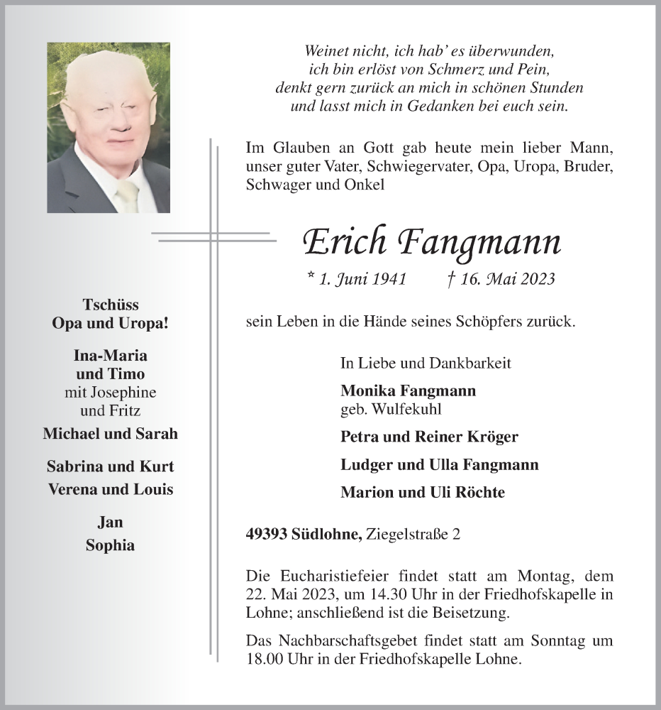  Traueranzeige für Erich Fangmann vom 20.05.2023 aus OM-Medien