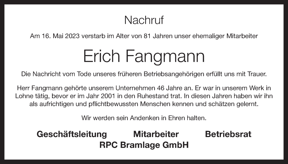  Traueranzeige für Erich Fangmann vom 23.05.2023 aus OM-Medien