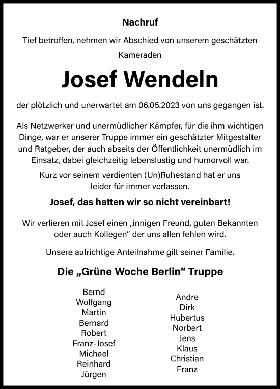 Anzeige von Josef Wendeln von OM-Medien