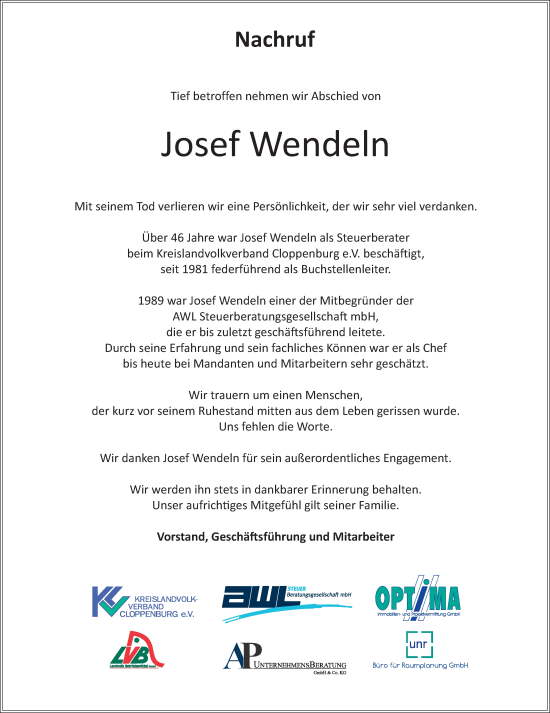 Anzeige von Josef Wendeln von OM-Medien