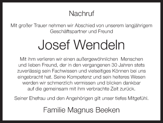 Anzeige von Josef Wendeln von OM-Medien