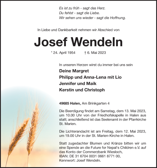 Anzeige von Josef Wendeln von OM-Medien