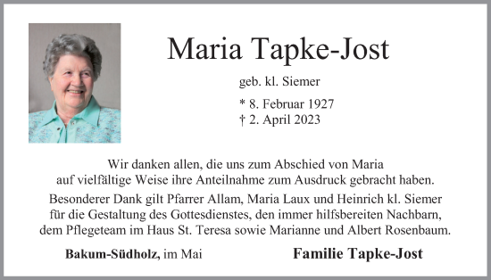 Anzeige von Maria Tapke-Jost von OM-Medien