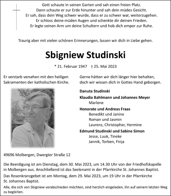 Anzeige von Sbigniew Studinski von OM-Medien