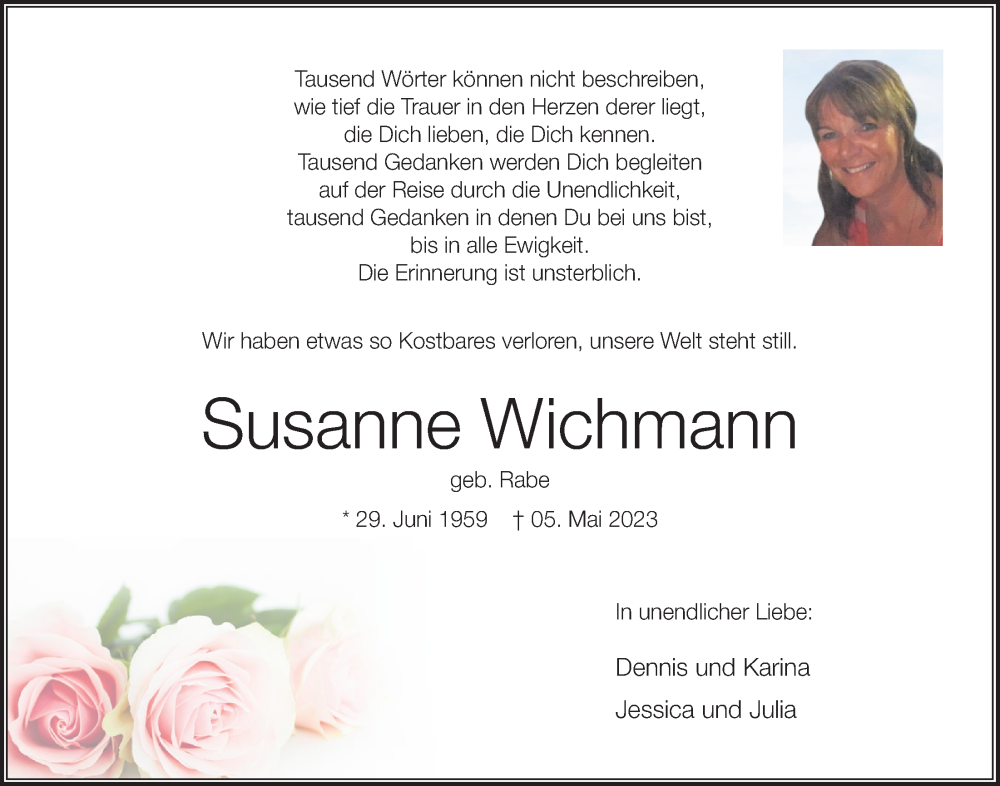  Traueranzeige für Susanne Wichmann vom 13.05.2023 aus OM-Medien