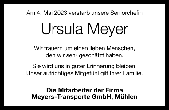 Anzeige von Ursula Meyer von OM-Medien