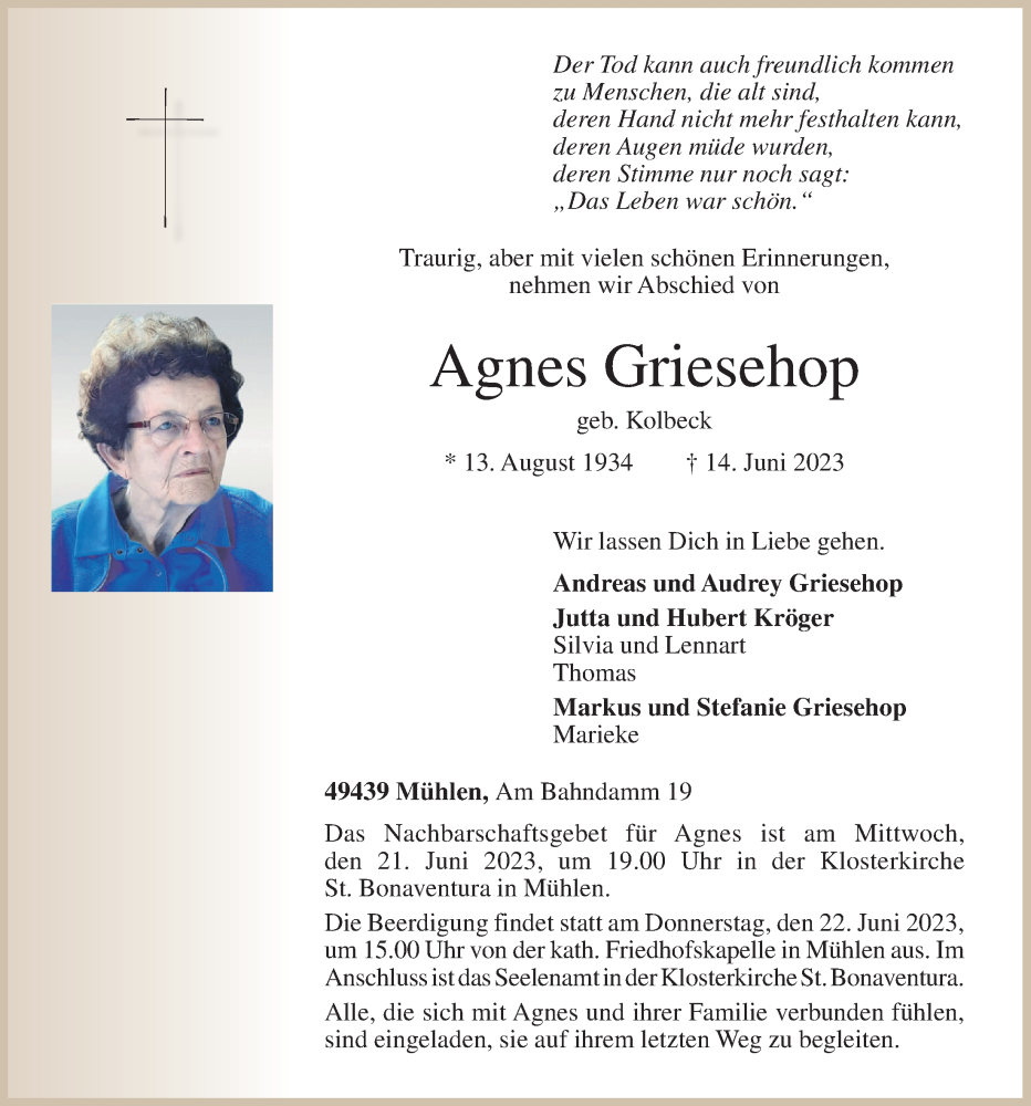  Traueranzeige für Agnes Griesehop vom 17.06.2023 aus OM-Medien