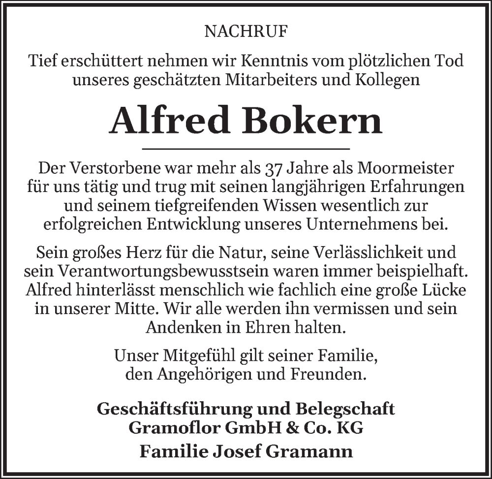  Traueranzeige für Alfred Bokern vom 26.06.2023 aus OM-Medien