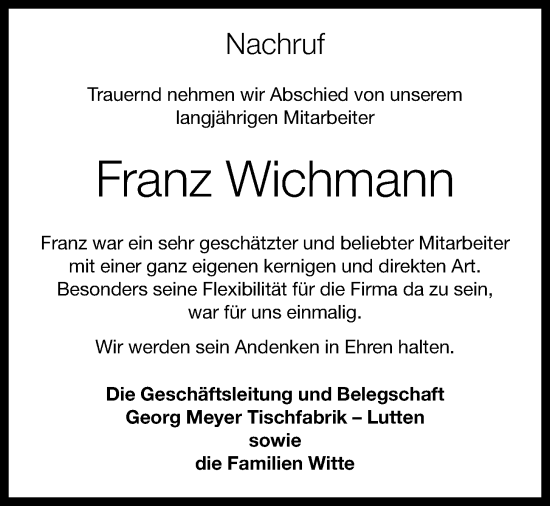 Anzeige von Franz Wichmann von OM-Medien