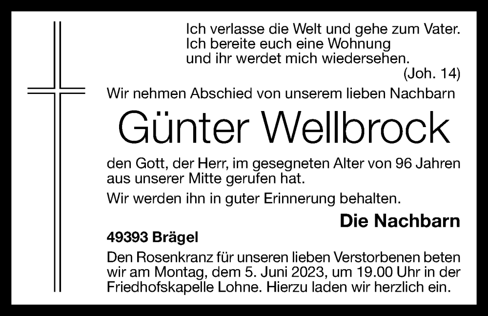  Traueranzeige für Günter Wellbrock vom 02.06.2023 aus OM-Medien