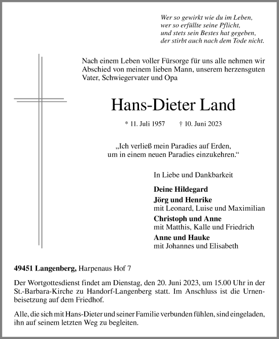 Anzeige von Hans-Dieter Land von OM-Medien