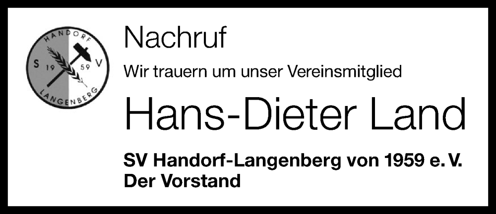  Traueranzeige für Hans-Dieter Land vom 16.06.2023 aus OM-Medien