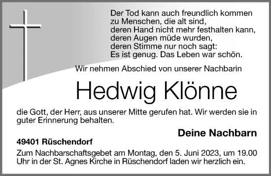 Anzeige von Hedwig Klönne von OM-Medien