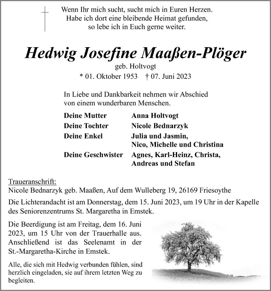  Traueranzeige für Hedwig Josefine Maaßen-Plöger vom 13.06.2023 aus OM-Medien