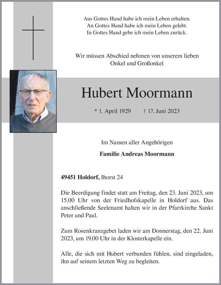  Traueranzeige für Hubert Moormann vom 20.06.2023 aus OM-Medien