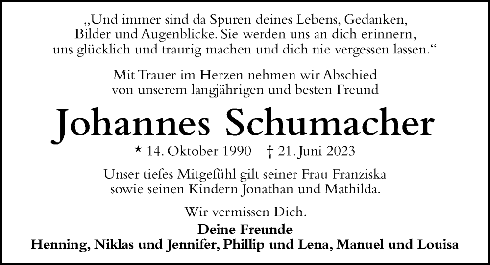  Traueranzeige für Johannes Schumacher vom 24.06.2023 aus OM-Medien