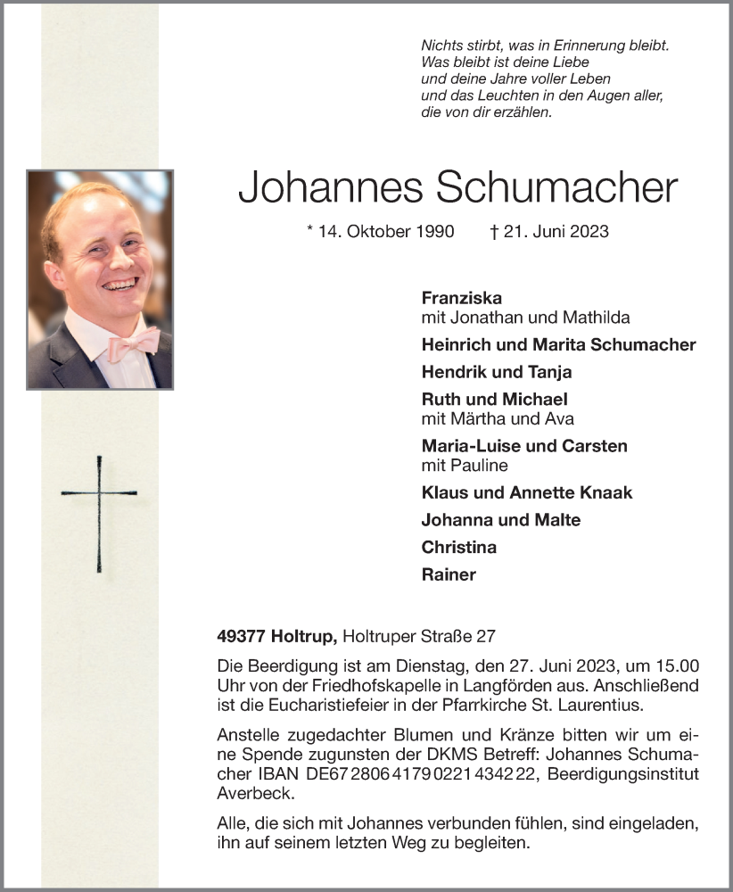  Traueranzeige für Johannes Schumacher vom 23.06.2023 aus OM-Medien