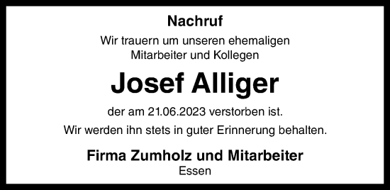 Anzeige von Josef Alliger von OM-Medien