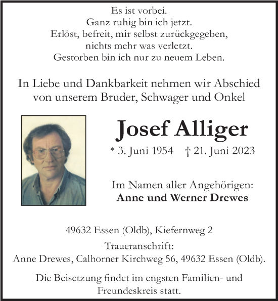 Anzeige von Josef Alliger von OM-Medien