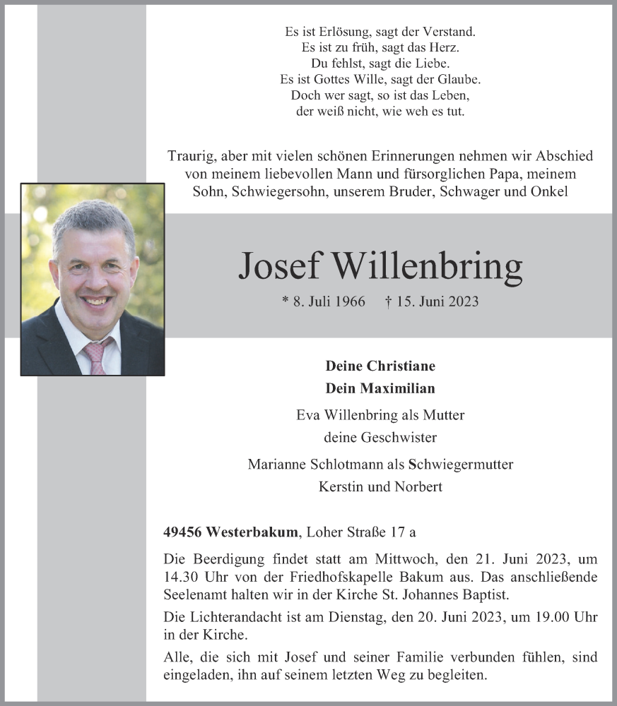  Traueranzeige für Josef Willenbring vom 17.06.2023 aus OM-Medien