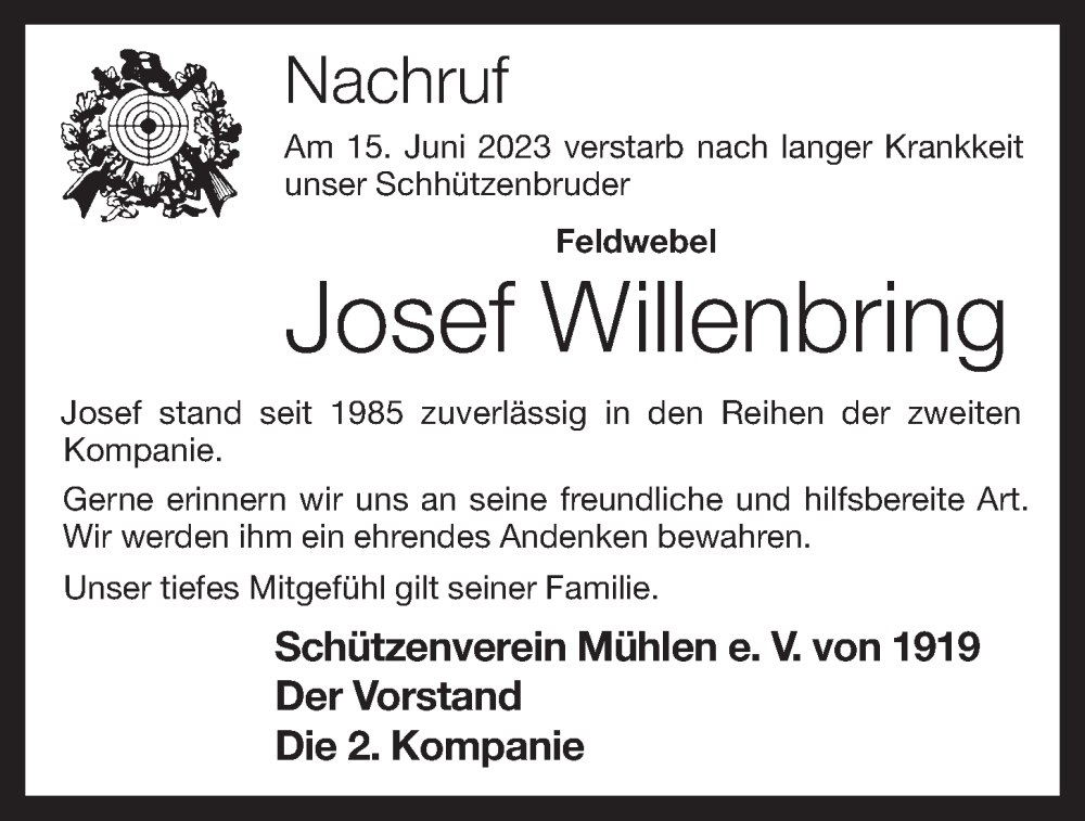  Traueranzeige für Josef Willenbring vom 19.06.2023 aus OM-Medien