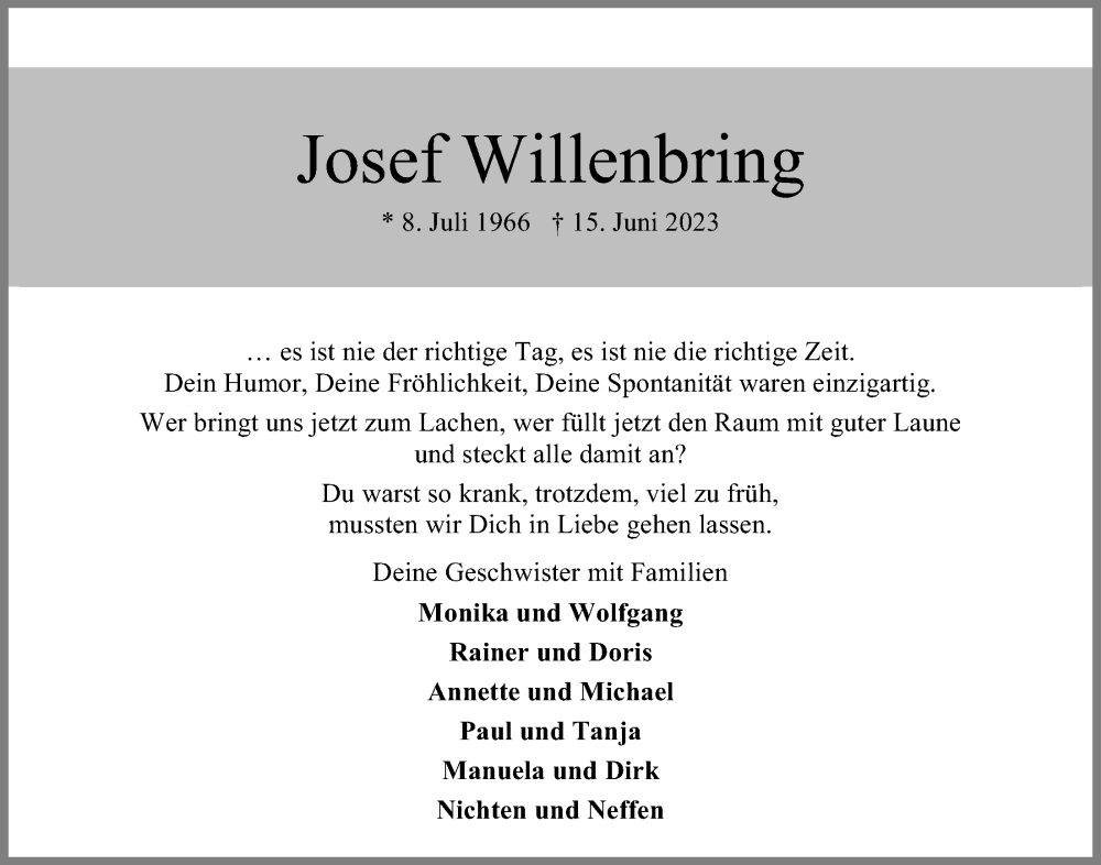  Traueranzeige für Josef Willenbring vom 17.06.2023 aus OM-Medien