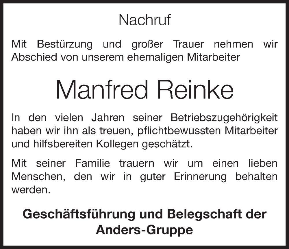  Traueranzeige für Manfred Reinke vom 06.06.2023 aus OM-Medien