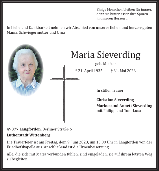 Anzeige von Maria Sieverding von OM-Medien