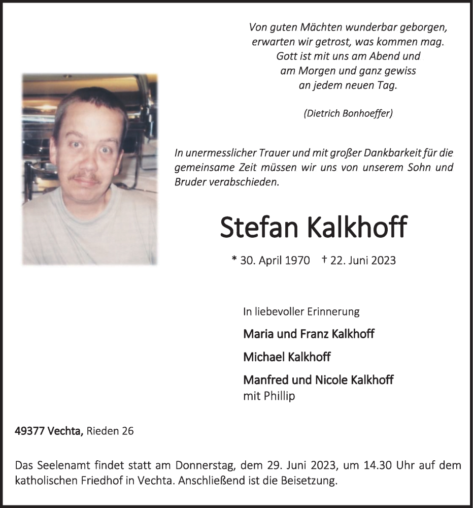  Traueranzeige für Stefan Kalkhoff vom 26.06.2023 aus OM-Medien