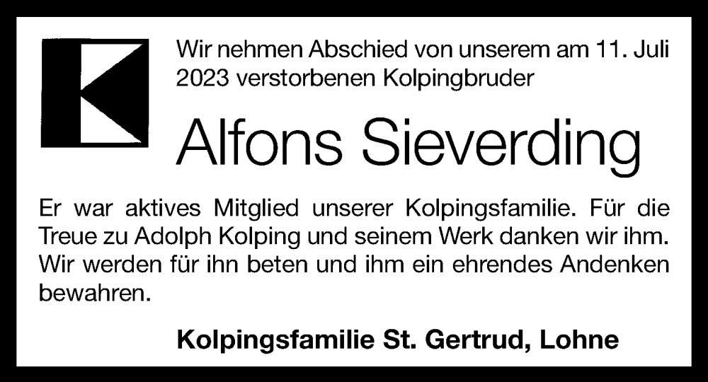  Traueranzeige für Alfons Sieverding vom 15.07.2023 aus OM-Medien