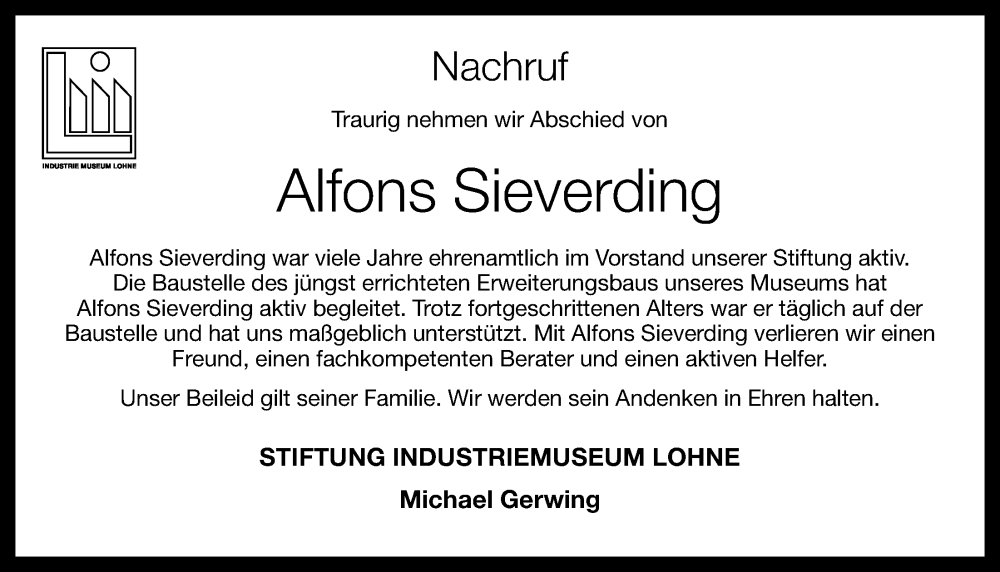  Traueranzeige für Alfons Sieverding vom 14.07.2023 aus OM-Medien