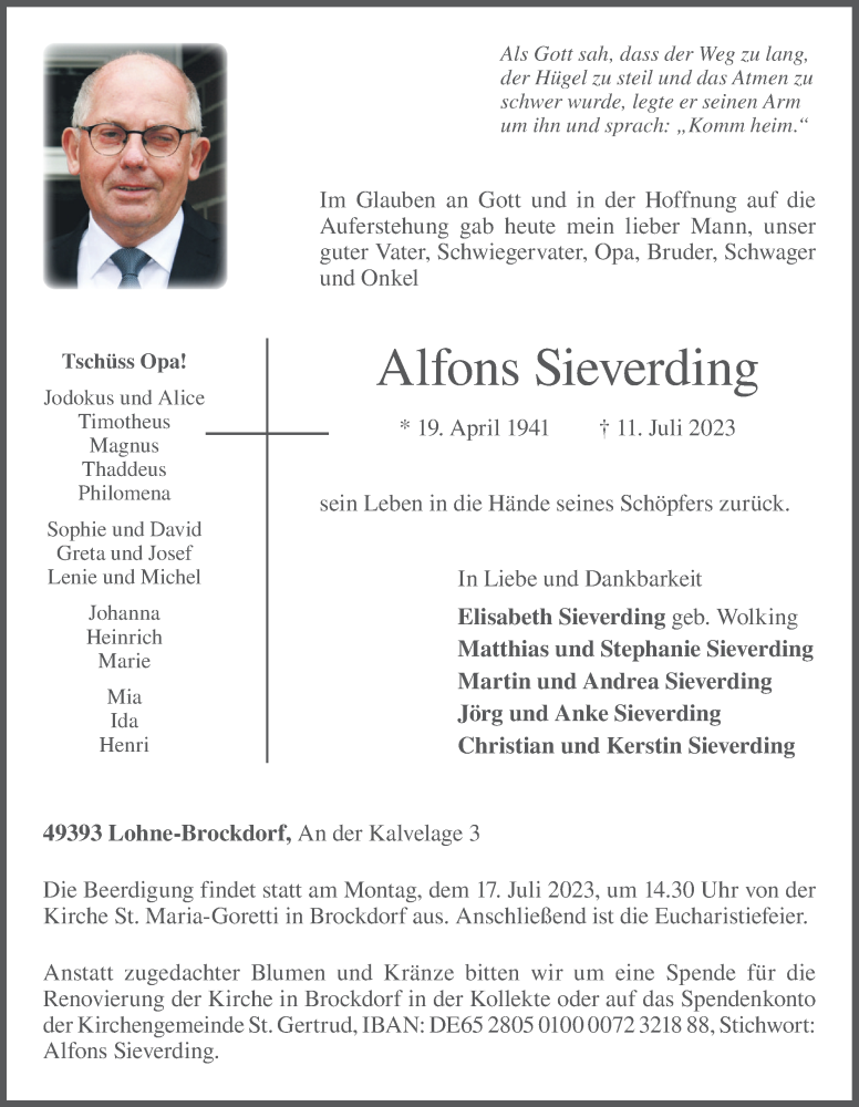  Traueranzeige für Alfons Sieverding vom 13.07.2023 aus OM-Medien