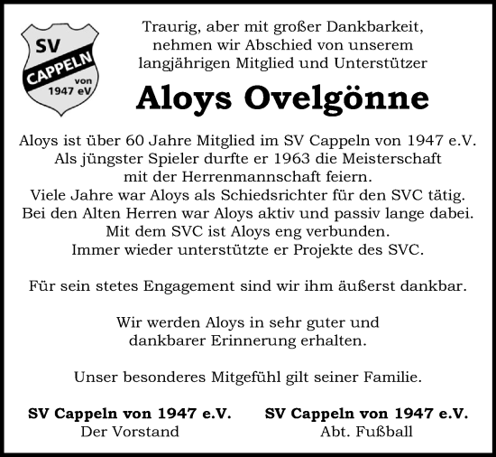 Anzeige von Aloys Ovelgönne von OM-Medien