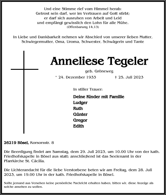 Anzeige von Anneliese Tegeler von OM-Medien