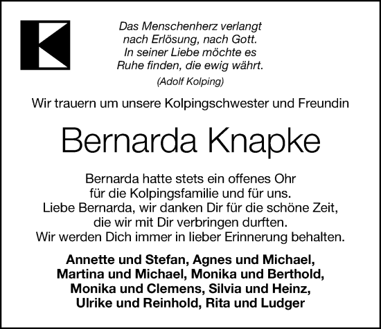 Anzeige von Bernarda Knapke von OM-Medien