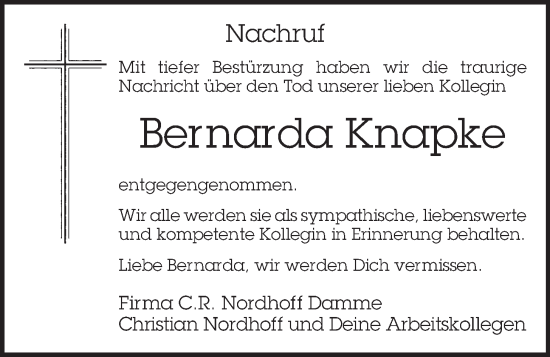 Anzeige von Bernarda Knapke von OM-Medien