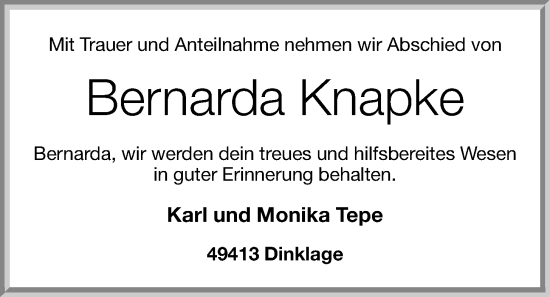 Anzeige von Bernarda Knapke von OM-Medien