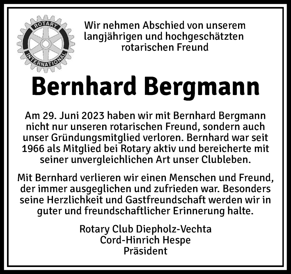  Traueranzeige für Bernhard Bergmann vom 14.07.2023 aus OM-Medien