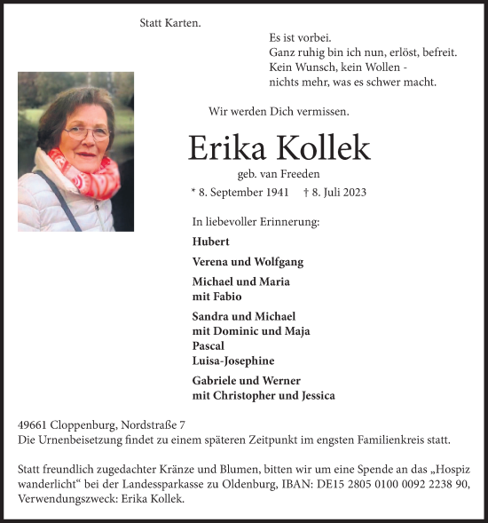 Anzeige von Erika Kollek von OM-Medien