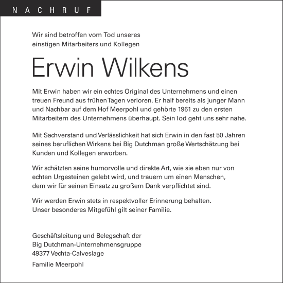 Anzeige von Erwin Wilkens von OM-Medien