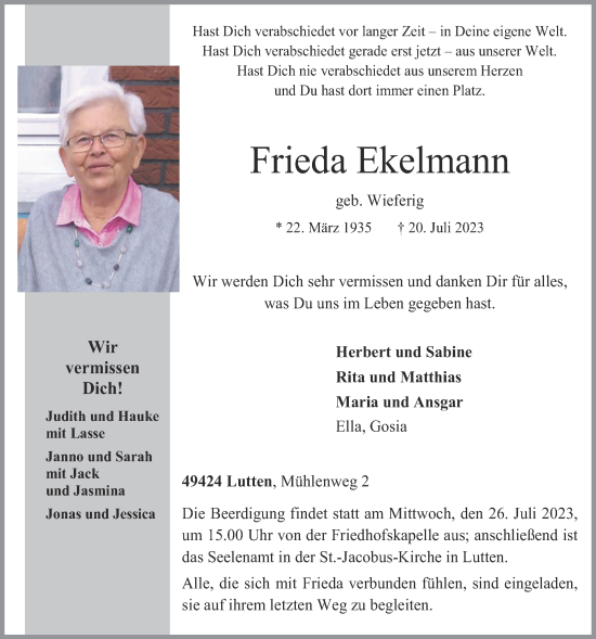 Anzeige von Frieda Ekelmann von OM-Medien