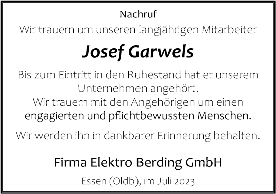 Anzeige von Josef Garwels von OM-Medien