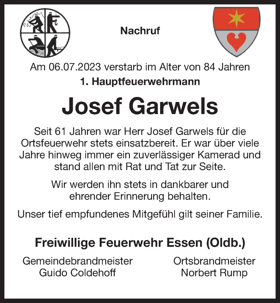  Traueranzeige für Josef Garwels vom 11.07.2023 aus OM-Medien