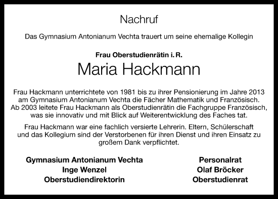 Anzeige von Maria Hackmann von OM-Medien