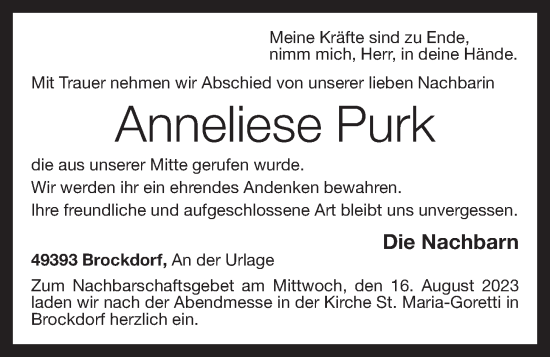 Anzeige von Anneliese Purk von OM-Medien