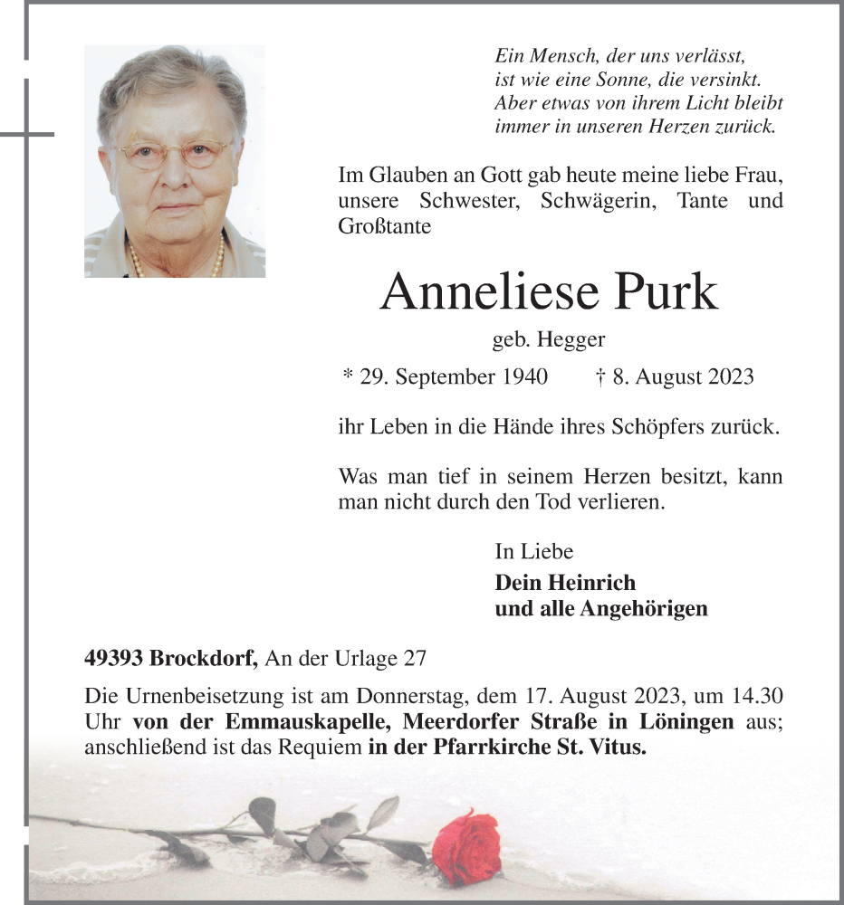  Traueranzeige für Anneliese Purk vom 14.08.2023 aus OM-Medien