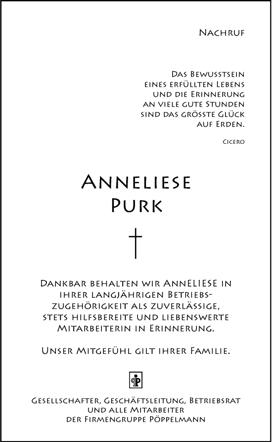 Anzeige von Anneliese Purk von OM-Medien