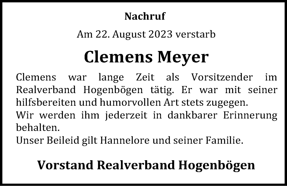  Traueranzeige für Clemens Meyer vom 25.08.2023 aus OM-Medien